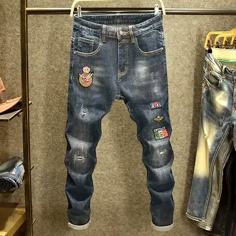 春秋款深蓝色绣花牛仔裤男潮牌修身小脚裤子男士高端刺绣美式男裤商品大图