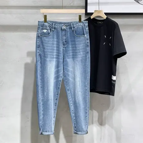 冰丝浅色牛仔裤男宽松直筒破洞休闲潮牌九分裤子夏季薄款长裤弹力商品大图