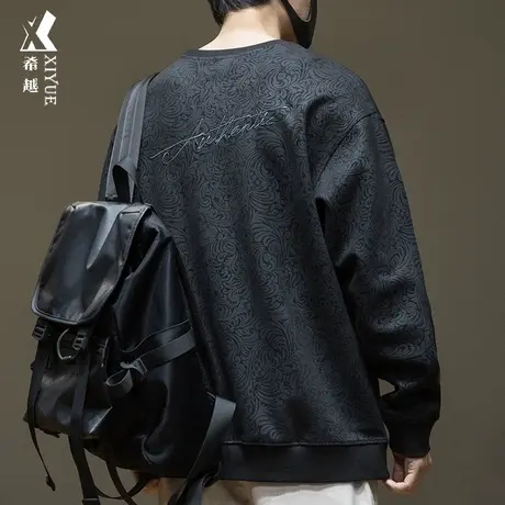 希越麂皮绒340g重磅圆领卫衣男春秋宽松大码拼接印花设计纯色上衣商品大图