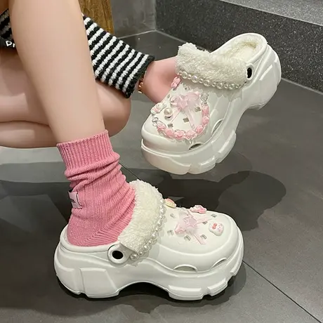 保暖加绒洞洞鞋女款外穿秋冬新款厚底防滑居家甜美可爱少女心棉拖商品大图