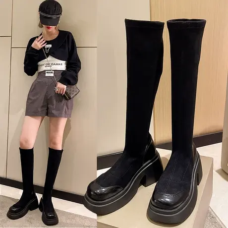 骑士靴显瘦长筒靴女不过膝秋冬高筒小个子高跟粗跟黑色弹力长靴子图片