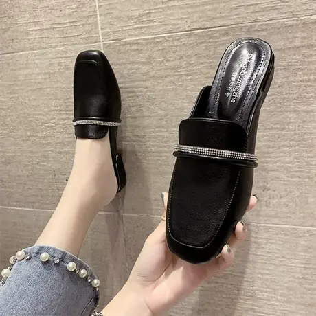 包头半拖鞋女夏外穿2024年新款时尚水钻凉拖鞋粗跟网红懒人穆勒鞋商品大图