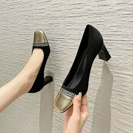 单鞋女2024年新款小香风粗跟方头浅口仙女鞋法式拼接时尚软皮单鞋图片