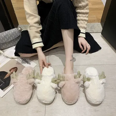 冬天室内居家拖鞋男女情侣可爱毛绒鹿角家居保暖毛茸茸棉拖鞋家用商品大图