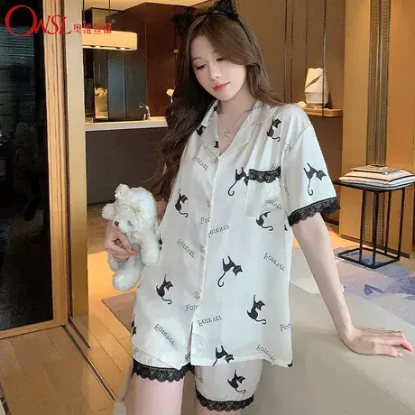 睡衣女夏季冰丝新款ins风年轻卡通纯欲风休闲居家服图片