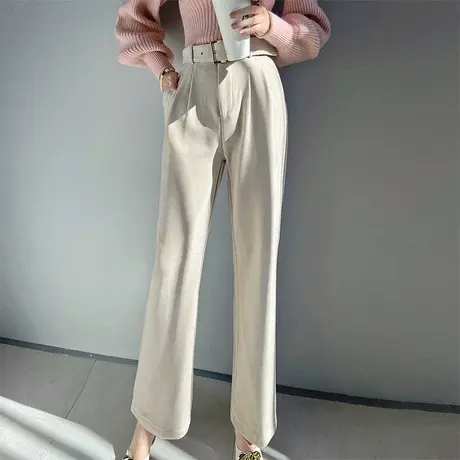 粉红大布娃娃女简约修身腰带直筒长裤休闲气质显瘦阔腿裤冬图片