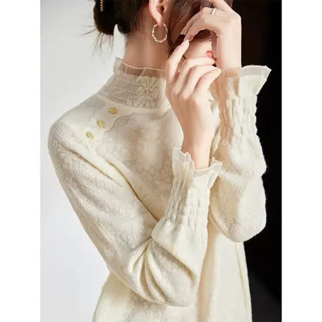 高领蕾丝针织打底衫女秋冬2023新款宽松别致内搭洋气显瘦内搭上衣图片