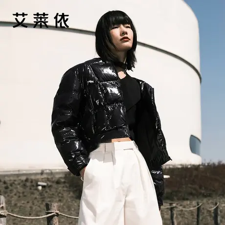艾莱依反季羽绒服女 时尚连帽亮面个性炸街高级感魔术贴 短款外套图片
