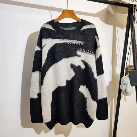 黑白撞色毛衣女套头秋冬新款宽松慵懒风中长款圆领针织衫上衣外穿商品大图