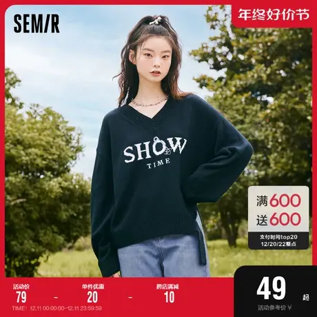 森马毛衣女不对称设计感提花刺绣2022秋季新款宽松v领字母上衣女图片