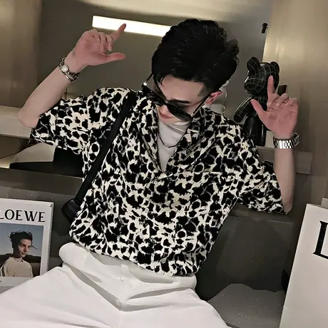 豹纹短袖衬衫男夏季设计感小众衬衣潮流薄款上衣快手日系痞帅外套商品大图