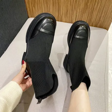 黑色粗跟短靴女2023年新款秋冬季厚底圆头短筒靴弹力针织瘦瘦靴子图片