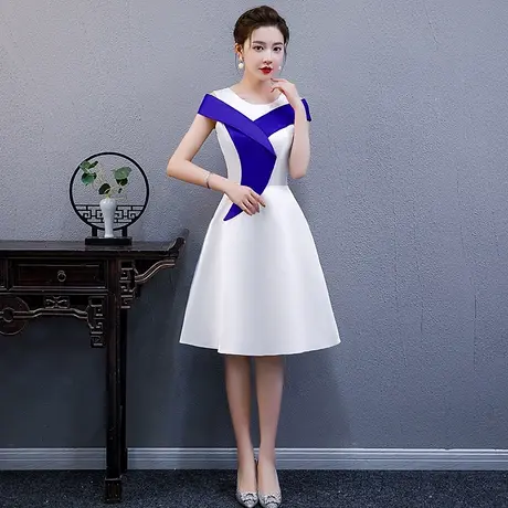 小晚礼服裙女白色礼仪服装颁奖演讲比赛朗诵合唱团演出服主持人女商品大图