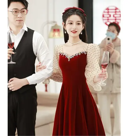 订婚礼服女夏季平时可穿法式纱袖敬酒服新娘小个子酒红色连衣裙商品大图