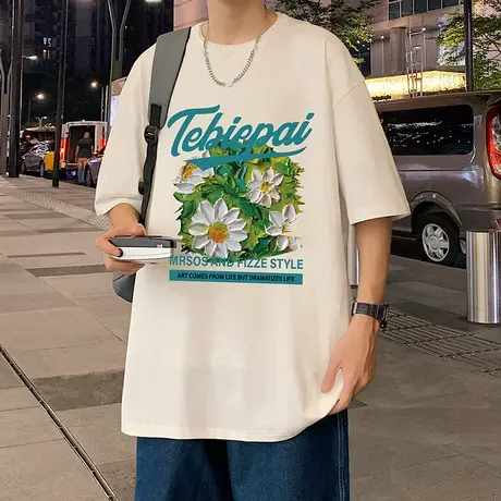 油画印花短袖T恤男夏季重磅纯棉五分袖潮牌高街休闲情侣半袖体恤商品大图