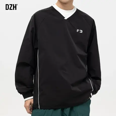 男士黑色长袖外套男V领美式运动服2024年春季新款宽松套头速干衣商品大图