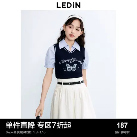 乐町新品假两件拼接短款上衣秋季新款女装复古学院风短袖衬衫图片