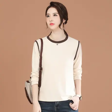韩潮袭人圆领拼接撞色长袖T恤女2024春季新款休闲百搭打底衫上衣图片
