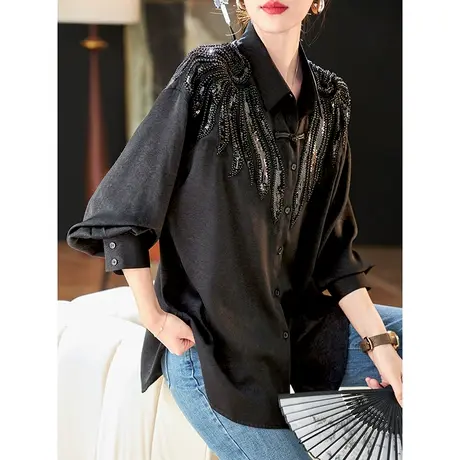 宝诗黎重工钉珠拼接印花衬衫2024春季新款职业通勤气质长袖黑衬衣图片