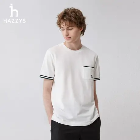 Hazzys哈吉斯2024夏季新品男士圆领短袖T恤衫简约撞色宽松圆领T潮商品大图