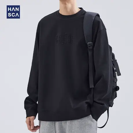 hansca圆领卫衣男秋冬美式重磅潮流纯色宽松休闲字母印花套头上衣商品大图