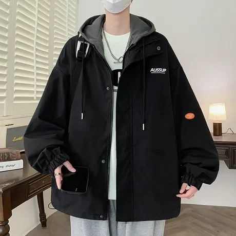 男士外套春秋款休闲宽松假两件连帽夹克男青少年潮流百搭冲锋衣服商品大图
