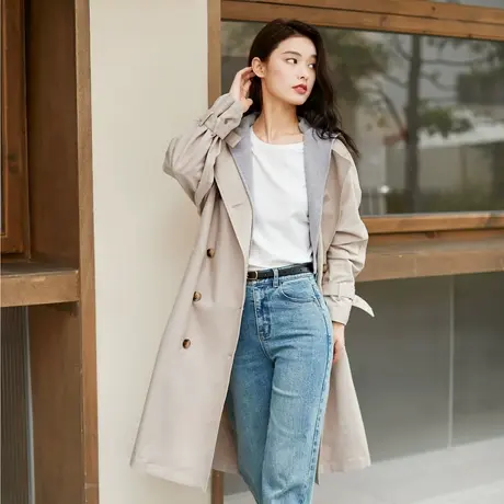 逸阳假两件插肩风衣外套女2024春新款时尚休闲针织混搭风长款上衣商品大图