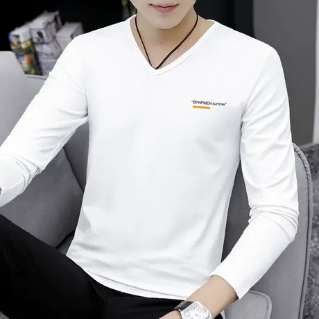 莫代尔白色t恤男士长袖V领秋季潮流字母印花体恤内搭打底衫秋衣服商品大图