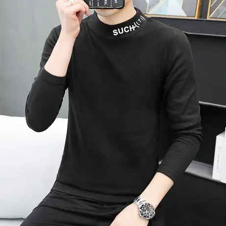双面德绒冬季打底衫男长袖t恤2023新款中领款春秋半高领保暖上衣商品大图