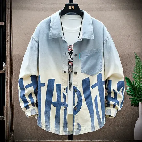 牛仔长袖衬衫男士春秋季青少年潮牌宽松衬衣潮流渐变色夏季外套男商品大图