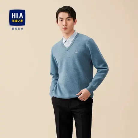 HLA/海澜之家双领针织衫秋冬季内里加绒保暖刺绣假两件套头毛衣男图片