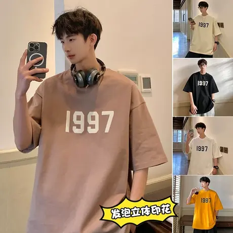 发泡印花宽松纯棉美式短袖T恤男夏季潮流篮球运动体恤圆领打底衫t商品大图