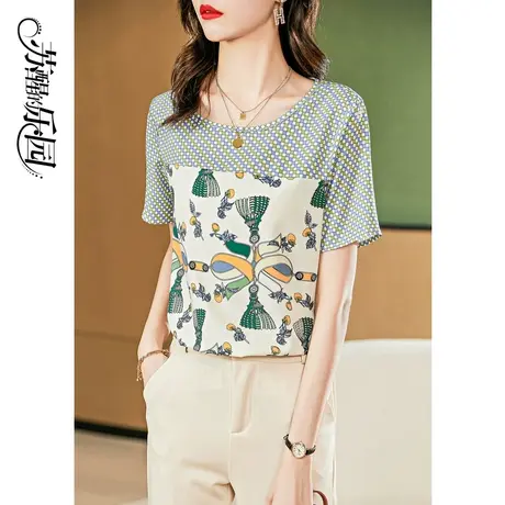 时尚印花短袖雪纺衫女装夏季2021年新款气质简约小清新拼接上衣商品大图