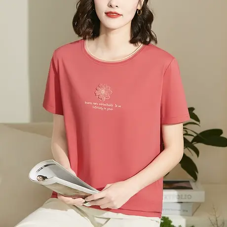 纯棉正肩短袖t恤女夏装2023年新款洋气中年妈妈绣花体恤减龄上衣图片