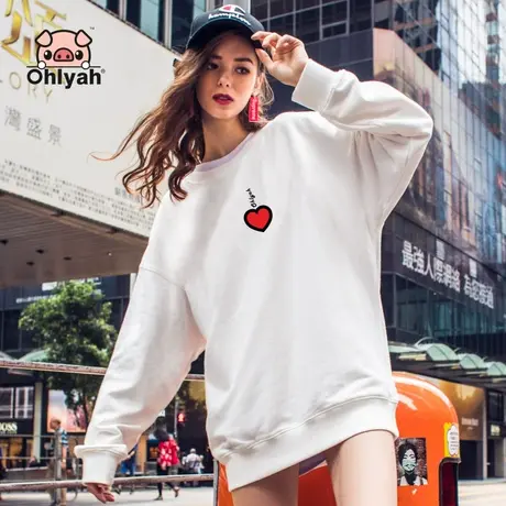 Ohlyah卫衣女装慵懒风2023秋装新款爱心图案学生宽松显瘦圆领大码商品大图