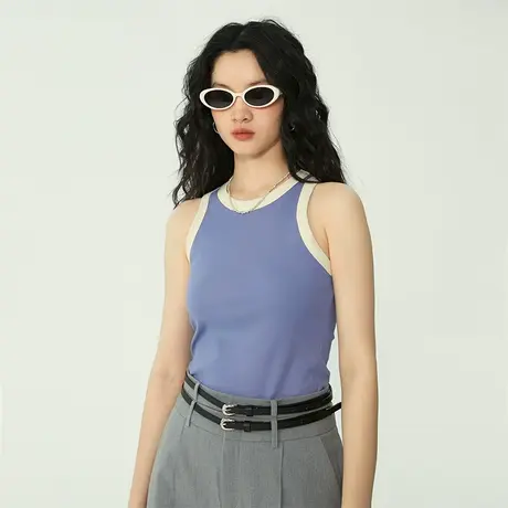 omont蛋挞家 撞色吊带背心女夏季2023年新款复古修身内搭T恤上衣商品大图