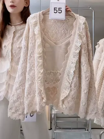 奶系小众设计感针织开衫2023早秋新款韩版宽松两件套钩花毛衣外套商品大图