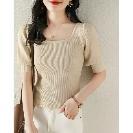 短袖针织衫冰丝洋气泡泡袖小众短款T恤女装上衣早秋季2023年新款图片