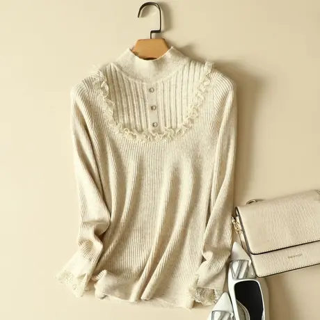 秋冬新款半高领三粒扣毛衣女士气质蕾丝拼接针织衫修身长袖打底衫商品大图