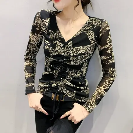 2023春秋新款抽绳V领T恤女长袖性感气质网纱上衣内搭紧身打底衫潮商品大图