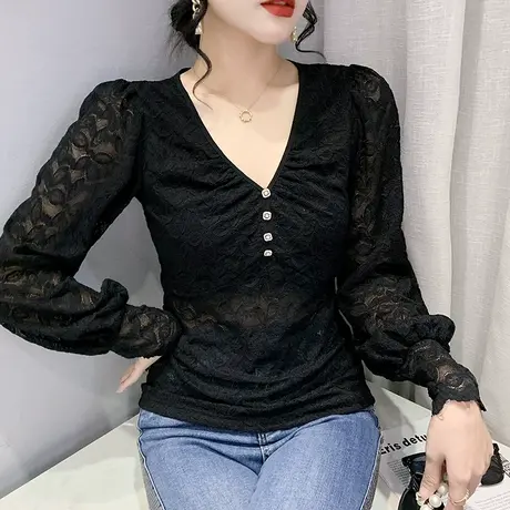 黑色蕾丝上衣女欧货气质性感V领打底衫春秋款百搭修身雷丝长袖ins商品大图