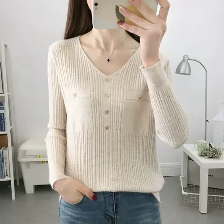 小香风v领针织打底衫洋气内搭宽松2023新款温柔爆款薄短款上衣女图片