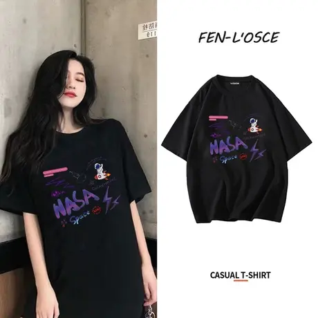 宇航员短袖t恤女2023夏季新款宽松美式复古纯棉半袖正肩上衣ins潮商品大图