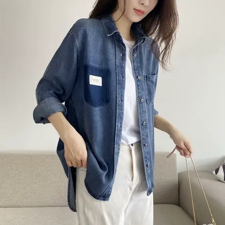 2021年秋季韩版复古深蓝色贴布做旧牛仔衬衫女宽松休闲上衣外套潮商品大图
