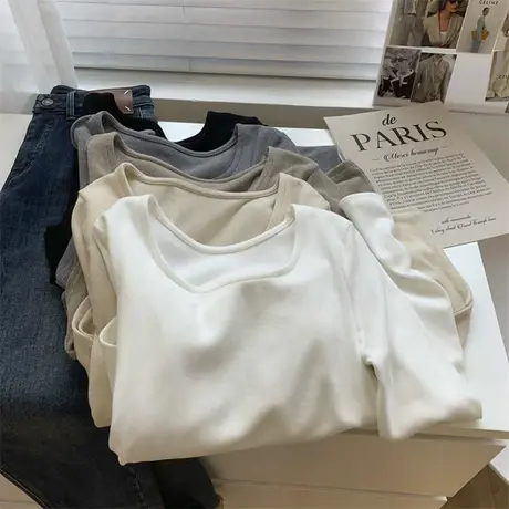 气质方领坑条长袖打底衫女春季百搭保暖修身显瘦短款弧形下摆T恤商品大图