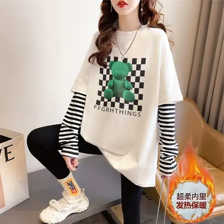 长袖t恤女秋冬季韩版宽松大码加绒加厚小个子内搭德绒打底衫上衣图片