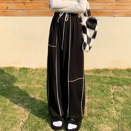 撞色线设计感直筒休闲裤子女春夏季薄款宽松高腰阔腿束脚运动卫裤图片