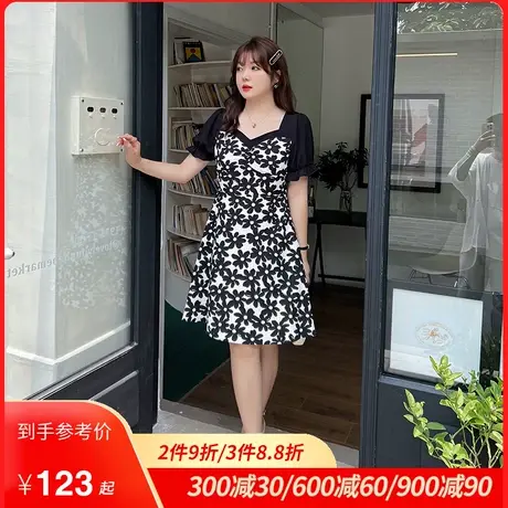 大码女装显瘦胖MM碎花连衣裙2023夏装新款方领高腰短袖A字小黑裙图片