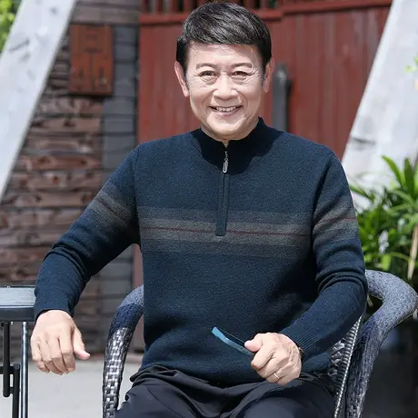 100%羊毛衫男士爸爸装秋冬季中老年毛衣加厚保暖半高领针织上衣服商品大图