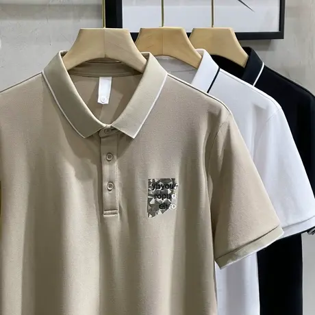 美式印花POLO衫男短袖夏季新款绣花休闲印花翻领保罗条纹有领t恤商品大图